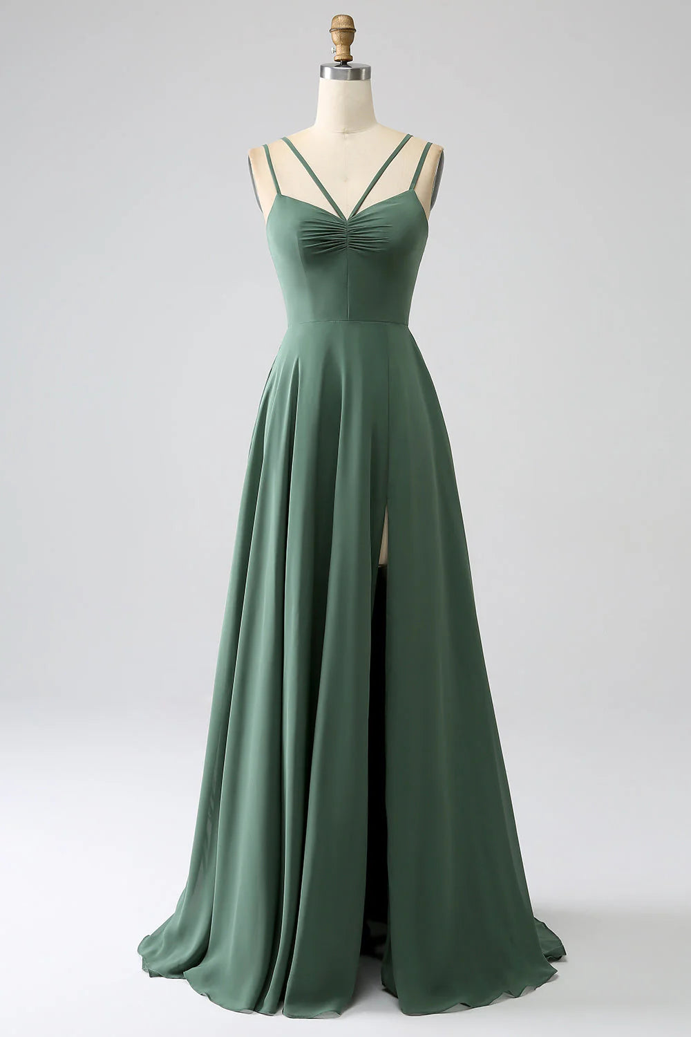 Vestido de dama de honor largo plisado con espalda descubierta y tirantes finos en forma de A
